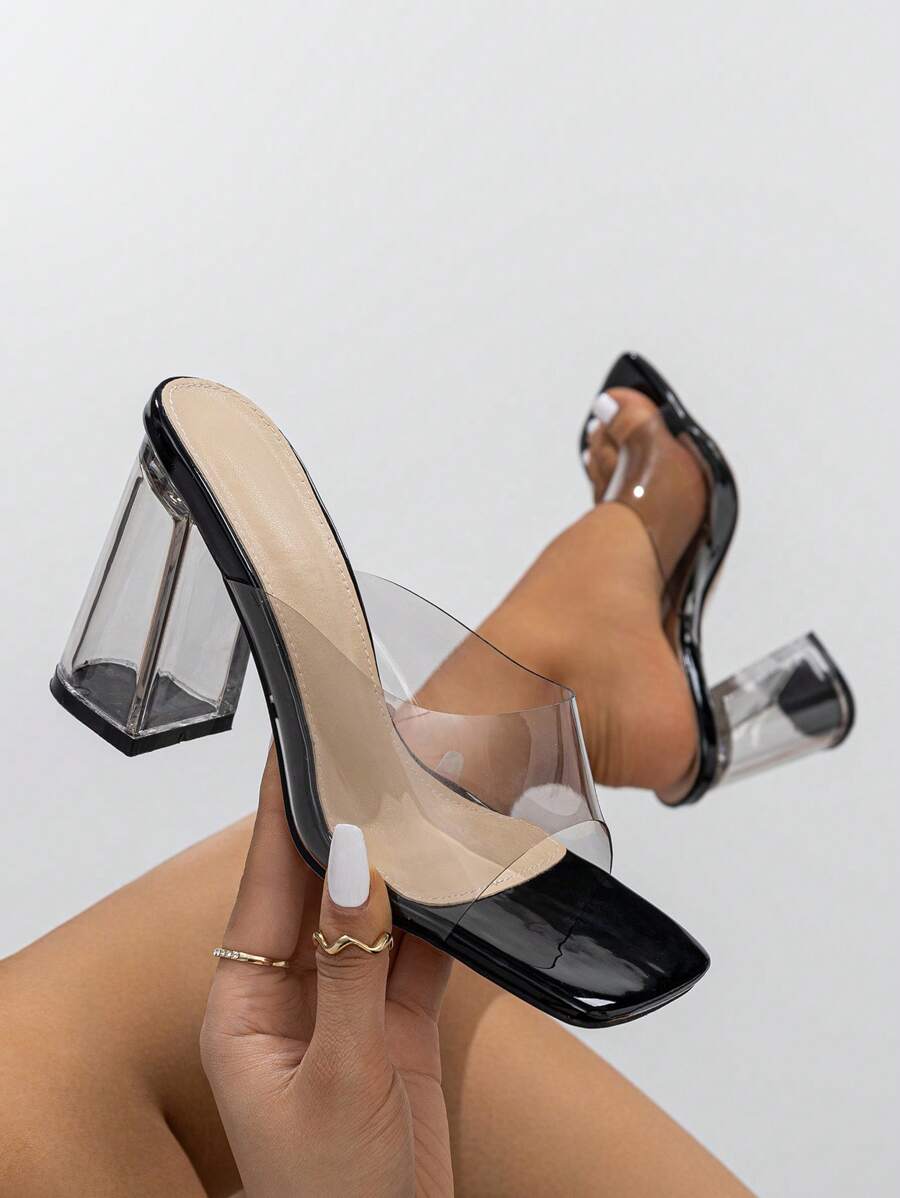 Women Clear Band Chunky Heeled Mule Sandals, Fashion Summer Heeled Sandals - Black - View 1