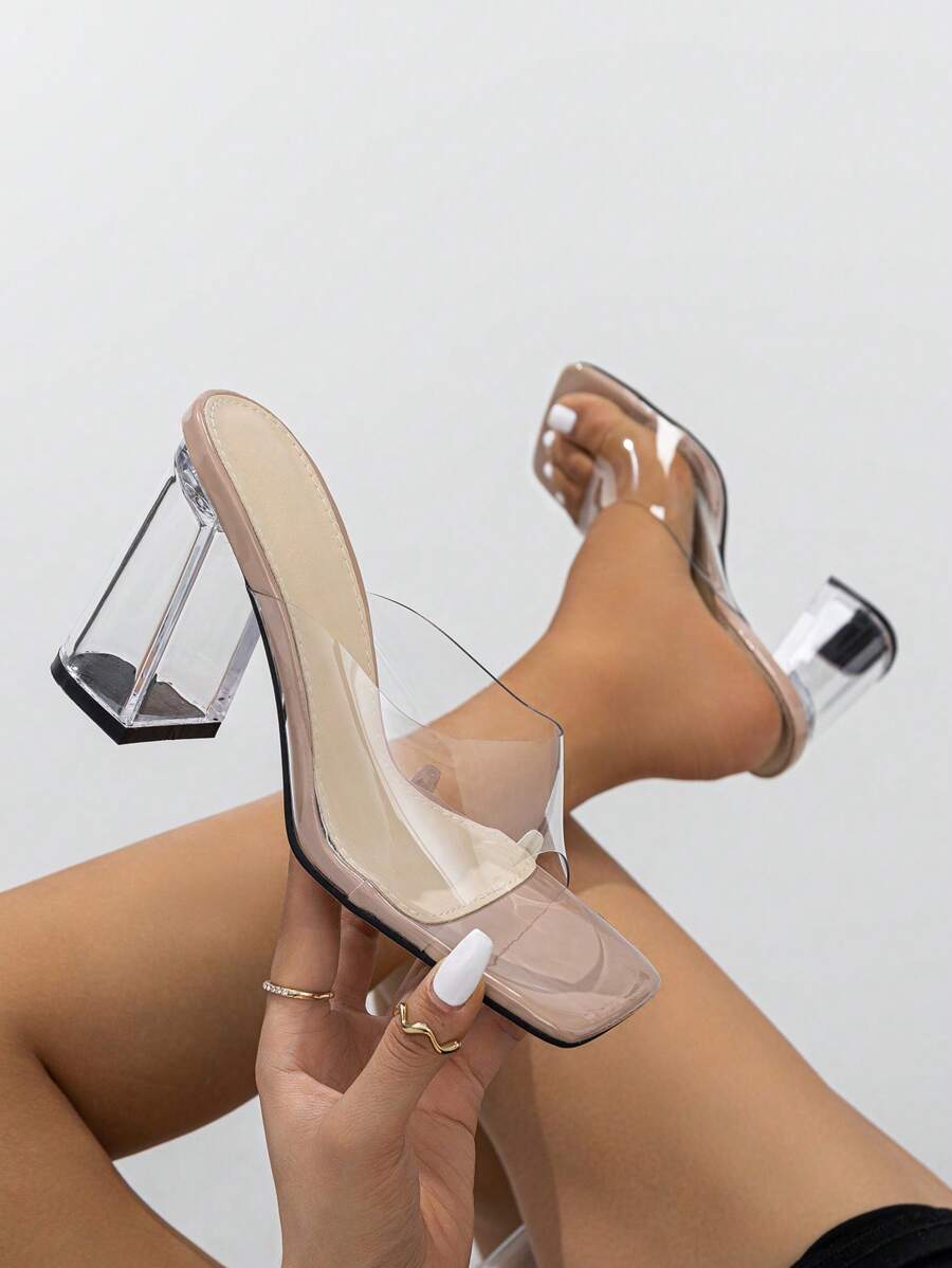 女士透明粗跟穆勒時尚夏天高跟涼鞋 - 無色 - 查看 1