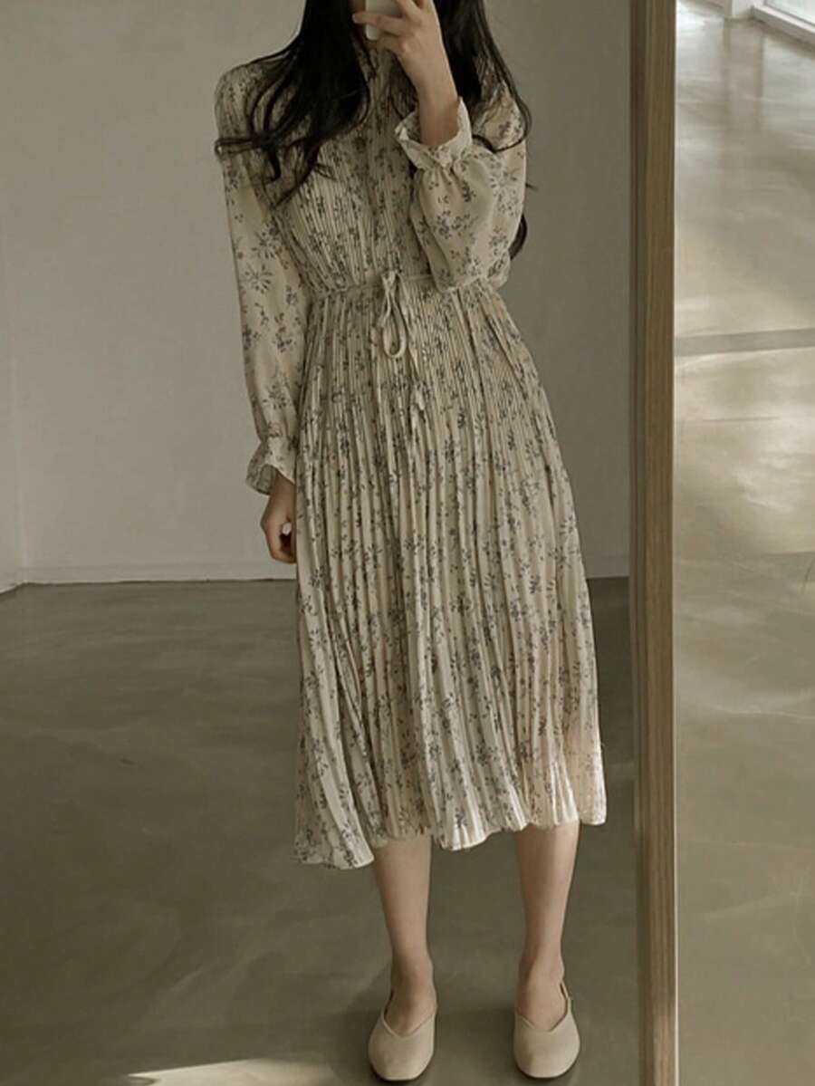 Allover Floral Pleated Dress - Apricot - View 1