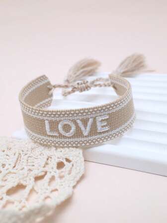 1pc Embroidered Love Letter Bohemian Tassel Braided String Bracelet Valentines,Mom,Mother,Mother's Day,Gift
