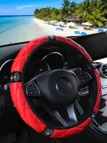 MEIKAXIU 1pc Soft Glitter 3D Crown Design PU Leather Steering Wheel Cover, 14.5 - 15 Inch, Car Accessories - Red - View 2