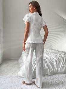 Conjunto de pijama con ribete de volantes y nudo delantero / Conjunto de pijama blanco / Conjunto de ropa de estar en casa