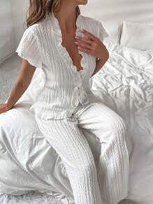 Conjunto de pijama con ribete de volantes y nudo delantero / Conjunto de pijama blanco / Conjunto de ropa de estar en casa