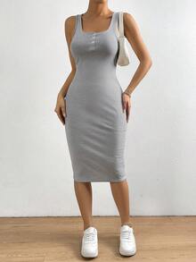 SHEIN Privé Đầm Nút phía trước Sọc Giải trí - Đen và trắng - Xem 4