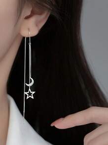 1pair Korean Style Tassel Hollow Out Star & Moon Dangle Ear Threader For Women, Perfect For Valentine's Day Date,Mom,Mother,Mother's Day,Gift - Silver - View 1