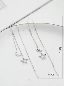 1pair Korean Style Tassel Hollow Out Star & Moon Dangle Ear Threader For Women, Perfect For Valentine's Day Date,Mom,Mother,Mother's Day,Gift - Silver - View 3