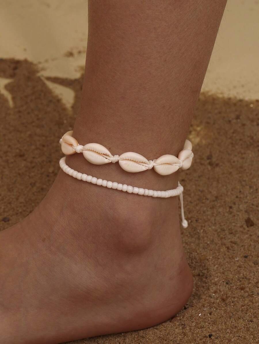 2 cái/bộ Vòng chân trang trí vỏ thời trang cho phụ nữ để trang trí hàng ngày - trắng - Xem 1