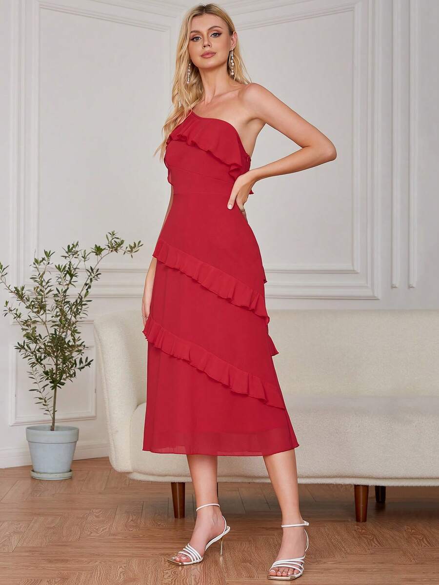 Eilly Bazar 單肩荷葉邊雪紡伴娘連衣裙 - 紅色 - 查看 1