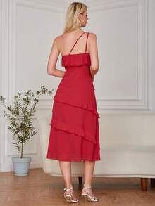 Eilly Bazar 單肩荷葉邊雪紡伴娘連衣裙 - 紅色 - 查看 2