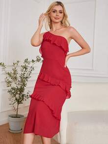 Eilly Bazar 單肩荷葉邊雪紡伴娘連衣裙 - 紅色 - 查看 3