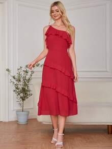 Eilly Bazar 單肩荷葉邊雪紡伴娘連衣裙 - 紅色 - 查看 6