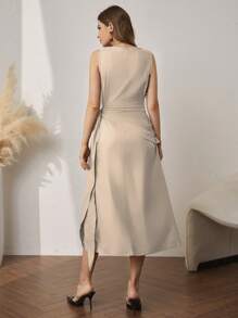 Al Najma Solid Dress & Open Front Coat Abayas - Apricot - View 4