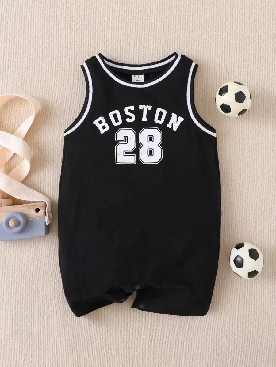 Baby Boy Letter Graphic Striped Trim Tank Romper