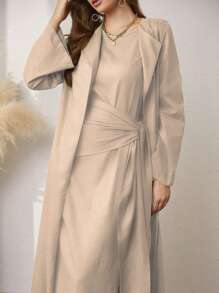 Al Najma Solid Dress & Open Front Coat Abayas - Apricot - View 6