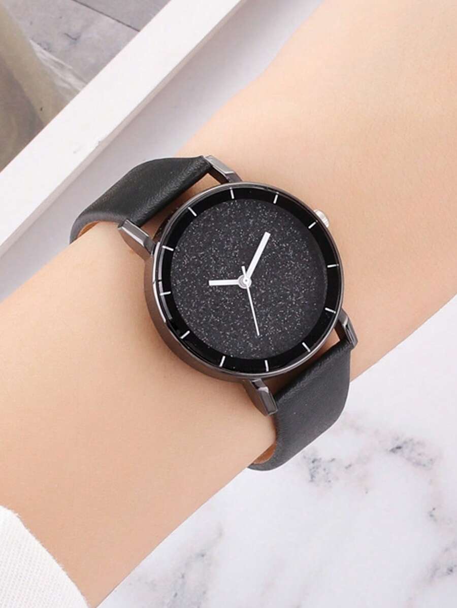 圓形指針石英手錶 - 黑色 - 查看 1