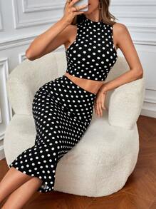 SHEIN Privé Polka Dot Print Tank Top & Skirt - Black and White - View 1
