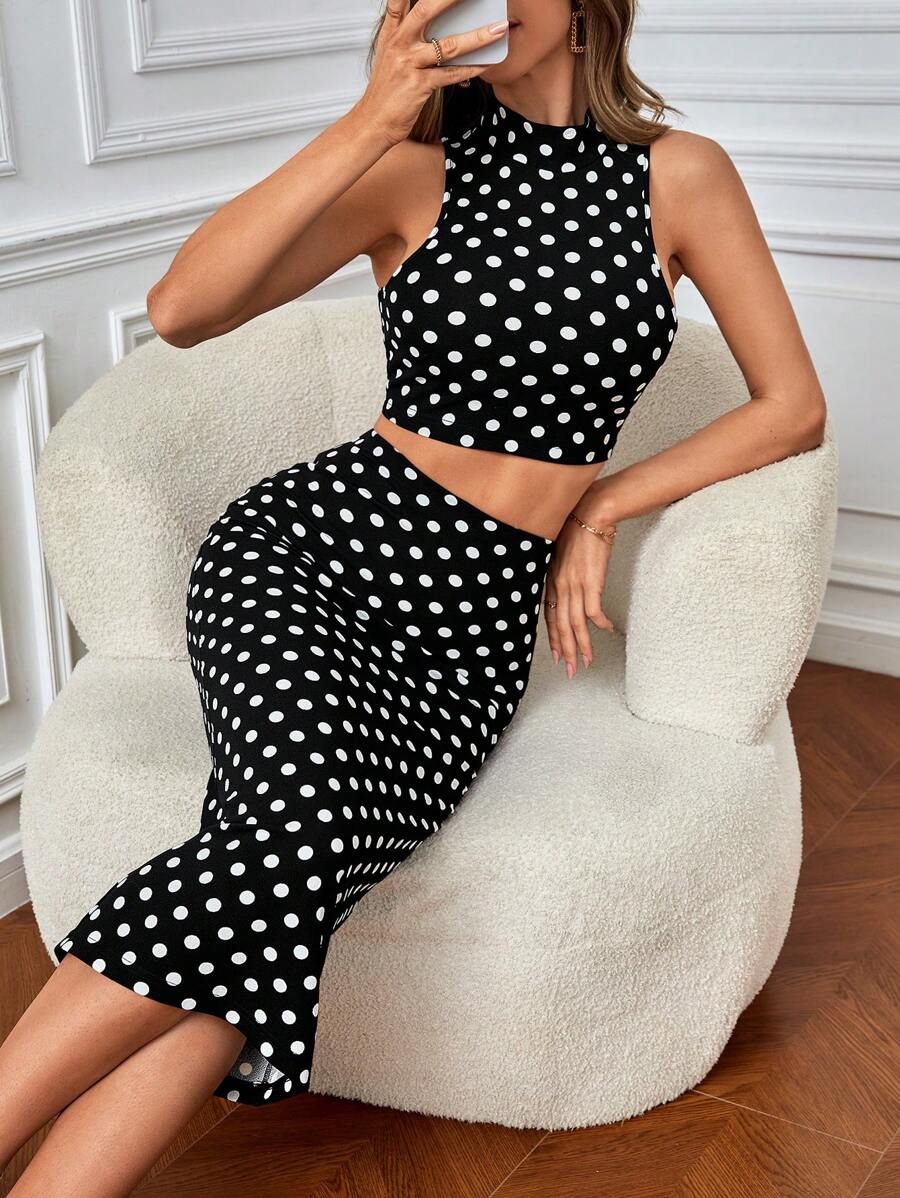 SHEIN Privé Polka Dot Print Tank Top & Skirt - Black and White - View 1