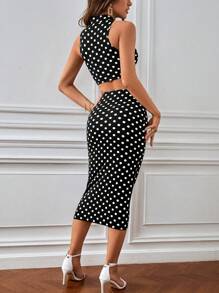 SHEIN Privé Polka Dot Print Tank Top & Skirt - Black and White - View 2