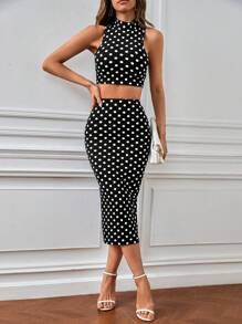 SHEIN Privé Polka Dot Print Tank Top & Skirt - Black and White - View 5