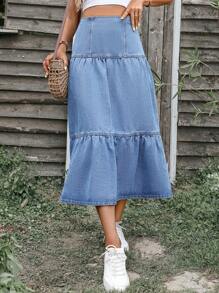 SHEIN Frenchy 高腰荷葉邊牛仔半身裙 - 中等水洗藍 - 查看 5