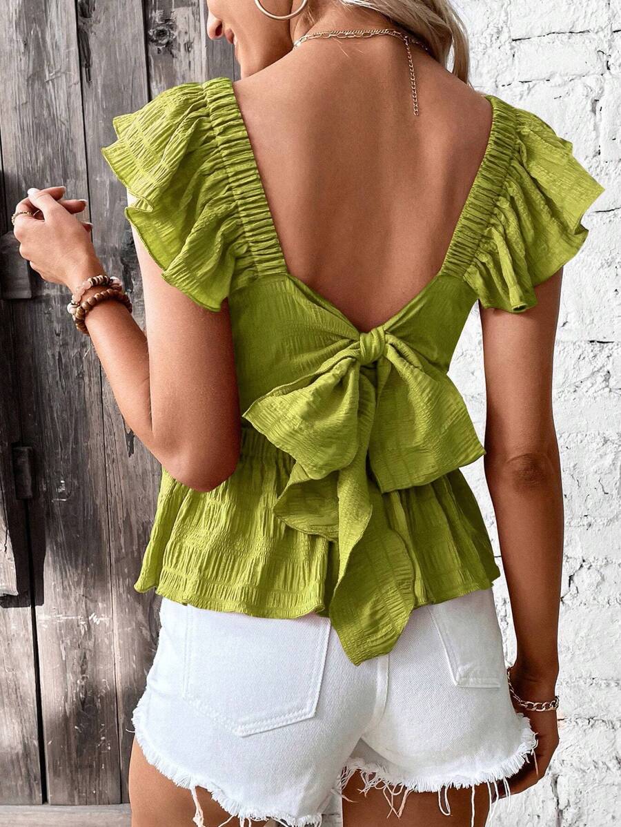 Chiquease Áo sơ mi nữ Xù Viên lá sen Buộc lại màu trơn Dễ thương - Màu xanh Ô liu - Xem 1