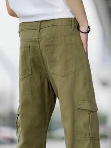 Manfinity Hombres Jeans cargo con bolsillo lateral con solapa de cintura con cordón - Verde militar - Ver 3