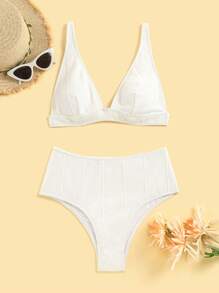 Swim Vcay Summer Beach Textured High Waisted Bikini Set - White - View 3
