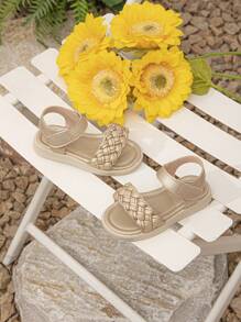 Girls Braided Detail Hook-and-loop Fastener Ankle Strap Heeled Sandals For Outdoor - Gold - View 2