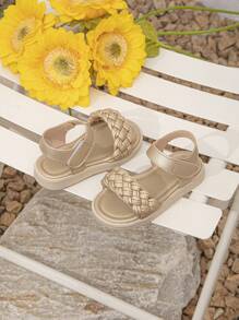 Girls Braided Detail Hook-and-loop Fastener Ankle Strap Heeled Sandals For Outdoor - Gold - View 3