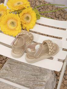 Girls Braided Detail Hook-and-loop Fastener Ankle Strap Heeled Sandals For Outdoor - Gold - View 5