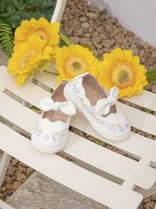 Baby Girls Floral Embroidered Fun Knot Decor Sweet & Cute Flats For Outdoor - White - View 4