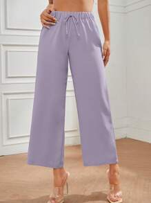 SHEIN PETITE Solid Knot Front Wide Leg Trousers - Lilac Purple - View 1