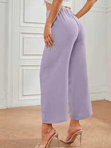 SHEIN PETITE Solid Knot Front Wide Leg Trousers - Lilac Purple - View 2