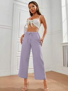 SHEIN PETITE Solid Knot Front Wide Leg Trousers - Lilac Purple - View 5