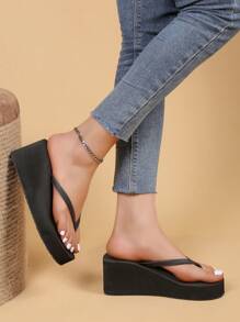 Fashionable Wedge Slide Sandals For Women, Toe Post Sandals - Black - View 1