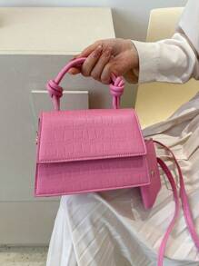 時尚,簡約,休閒,迷你鱷魚紋方形蓋包,粉紅色,附帶包,適用於女孩、少女 - 粉色 - 查看 1