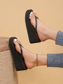 Fashionable Wedge Slide Sandals For Women, Toe Post Sandals - Black - View 4