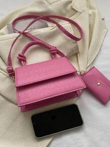 時尚,簡約,休閒,迷你鱷魚紋方形蓋包,粉紅色,附帶包,適用於女孩、少女 - 粉色 - 查看 6