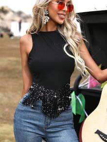 亮片拼接流蘇下擺背心上衣 - 黑色 - 查看 7