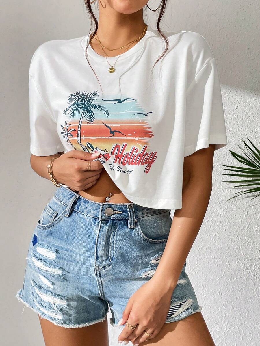 Soleia Tropical & Letter Graphic Drop Shoulder Tee - White - View 1