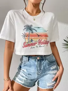 Soleia Tropical & Letter Graphic Drop Shoulder Tee - White - View 5