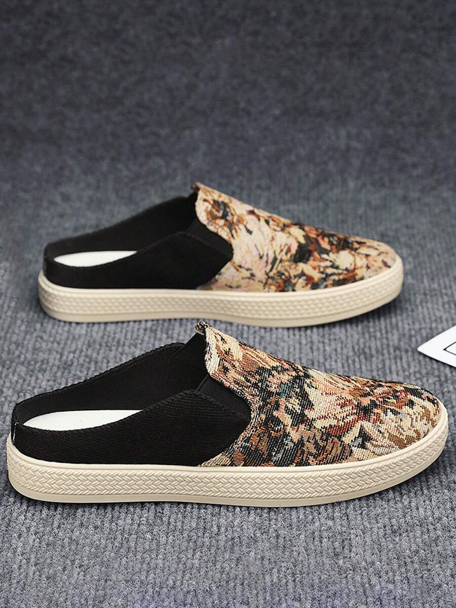 Sporty Mule Sneakers For Men, Floral Pattern Slip-on Outdoor Sneakers - Black - View 1
