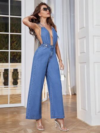 SHEIN Privé 深V領露背闊腿牛仔連身褲