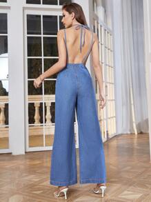 SHEIN Privé Plunging Neck Backless Wide Leg Denim Jumpsuit - Medium Wash - View 3