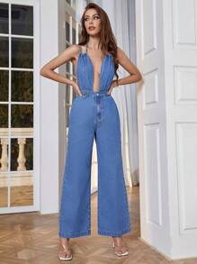 SHEIN Privé Plunging Neck Backless Wide Leg Denim Jumpsuit - Medium Wash - View 4