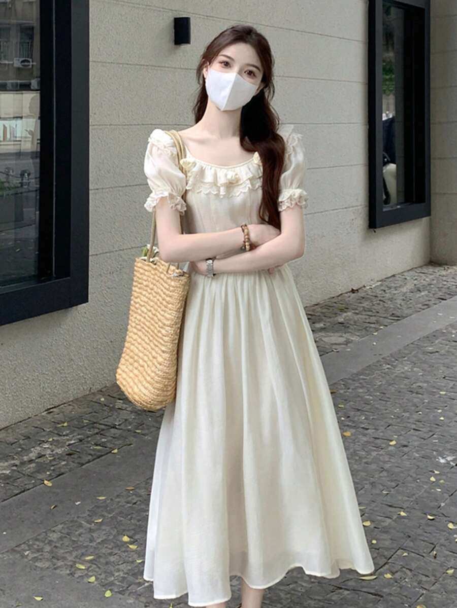 Vestido unicolor ribete con fruncido de manga farol - Albaricoque - Ver 1