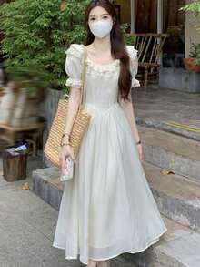 Vestido unicolor ribete con fruncido de manga farol - Albaricoque - Ver 4