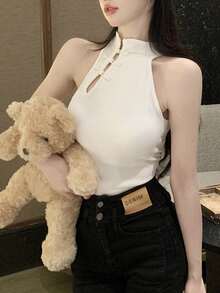 Frog Button Rib-knit Crop Tank Top With Non-removable Chest Pad - White - View 3