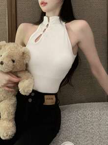 Frog Button Rib-knit Crop Tank Top With Non-removable Chest Pad - White - View 4