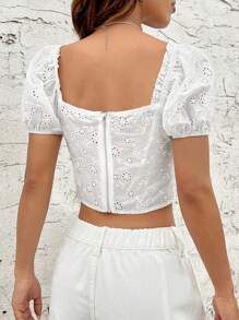 SHEIN EZwear 網眼刺繡前繫帶泡泡袖弧形下擺短款襯衫 - 白色 - 查看 2